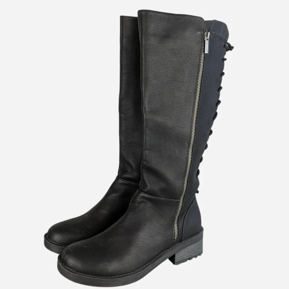 Kensie Dermott Back Lace-Up Knee High Riding Boot Black Size 8.5